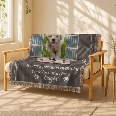 Personalized pet memorial blanket with butterfly and open window design, custom photo, name, and heartfelt goodbye quote