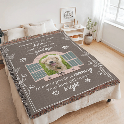 Personalized pet memorial blanket with butterfly and open window design, custom photo, name, and heartfelt goodbye quote
