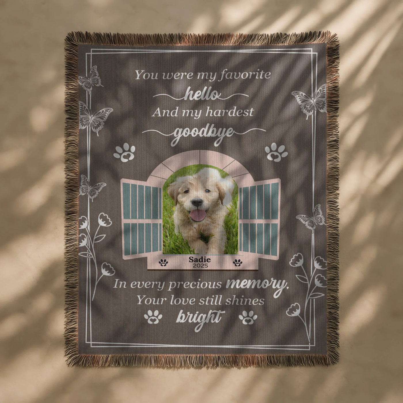 Personalized pet memorial blanket with butterfly and open window design, custom photo, name, and heartfelt goodbye quote