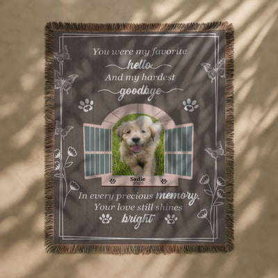 Personalized pet memorial blanket with butterfly and open window design, custom photo, name, and heartfelt goodbye quote