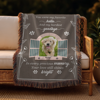 Personalized pet memorial blanket with butterfly and open window design, custom photo, name, and heartfelt goodbye quote