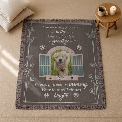 Personalized pet memorial blanket with butterfly and open window design, custom photo, name, and heartfelt goodbye quote
