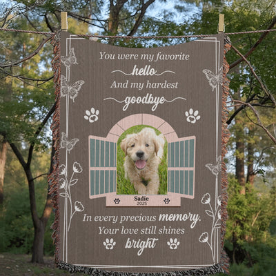 Personalized pet memorial blanket with butterfly and open window design, custom photo, name, and heartfelt goodbye quote