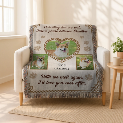 Personalized woven pet memorial blanket with 3 pet photos, Celtic heart, paw prints, and sentimental remembrance quote