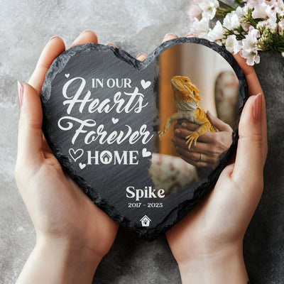 Heart-shaped slate bearded dragon memorial stone held in hands, featuring a photo of a lizard named Spike and the engraved quote “In our hearts forever home.”