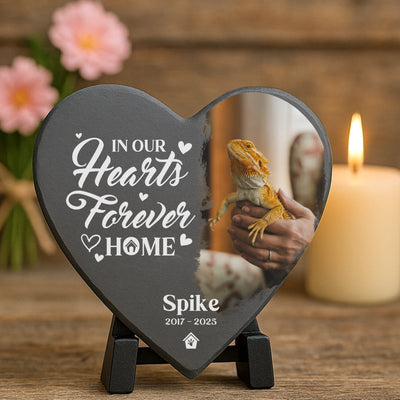 Custom reptile tribute plaque on a stand, with a photo of bearded dragon Spike and memorial quote, placed beside a candle and soft pink flowers.