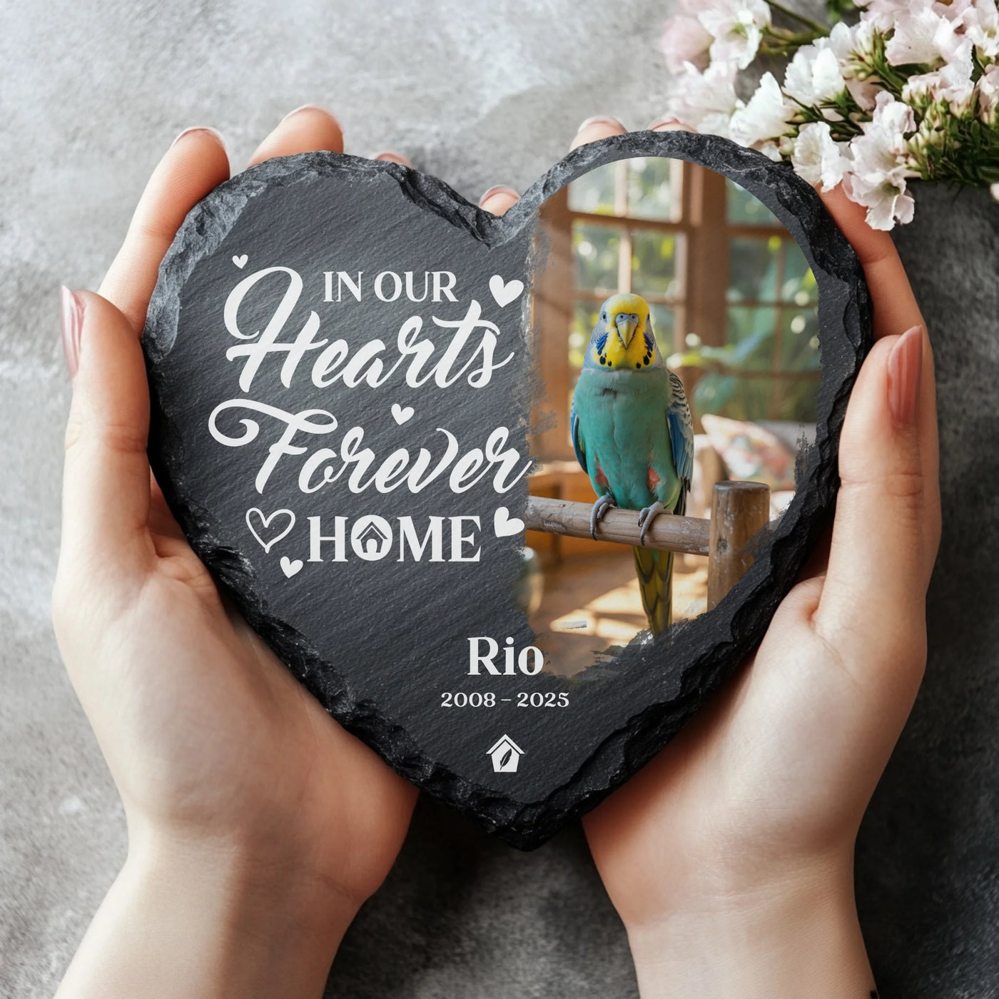 Personalized parakeet memorial stone held in hands, featuring a photo of a blue budgie named Rio and the quote “In our hearts forever home.”
