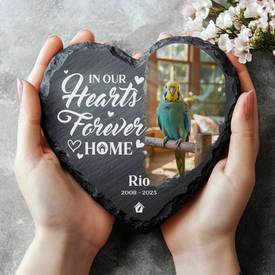 Personalized parakeet memorial stone held in hands, featuring a photo of a blue budgie named Rio and the quote “In our hearts forever home.”