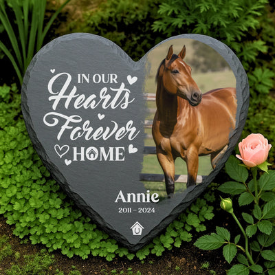 Personalized horse remembrance plaque made from dark slate, featuring a custom quote and horse photo for pet loss tribute.