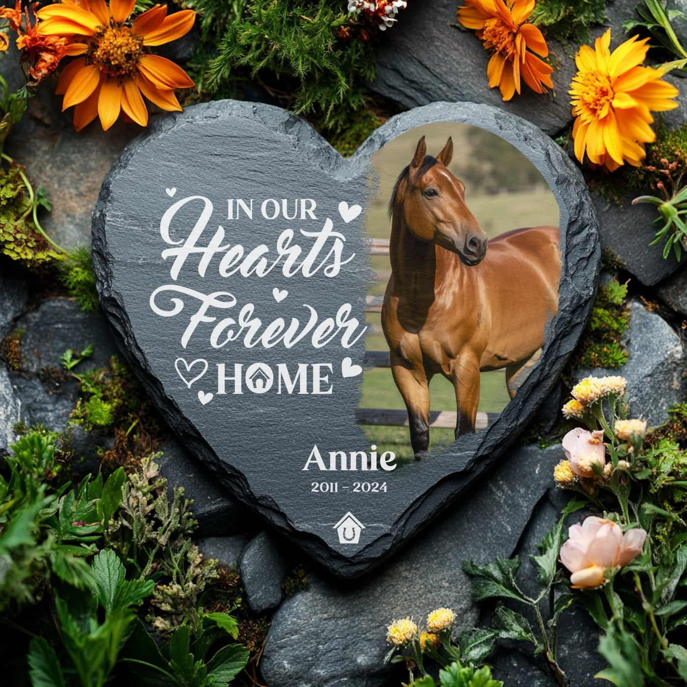 Equine memorial garden stone with photo and engraved message, ideal for remembering a cherished horse.