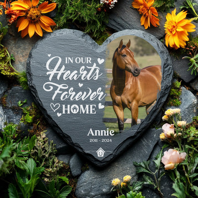 Equine memorial garden stone with photo and engraved message, ideal for remembering a cherished horse.