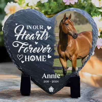 Personalized horse remembrance plaque made from dark slate, featuring a custom quote and horse photo for pet loss tribute.