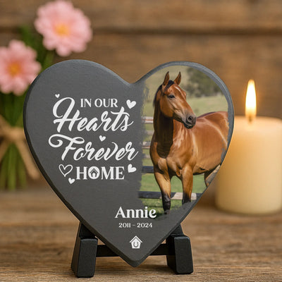 Personalized horse remembrance plaque made from dark slate, featuring a custom quote and horse photo for pet loss tribute.