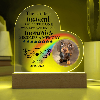 Personalized heart-shaped acrylic memorial plaque featuring a photo of a dog, rainbow design, heartfelt quote, and LED wooden base