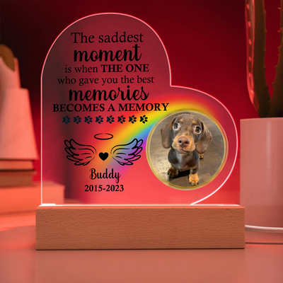 Personalized heart-shaped acrylic memorial plaque featuring a photo of a dog, rainbow design, heartfelt quote, and LED wooden base