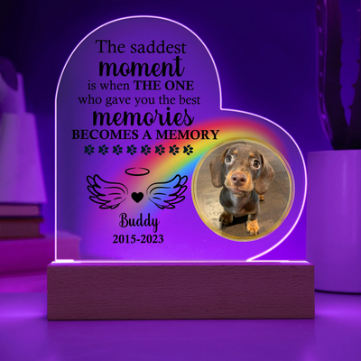 Personalized heart-shaped acrylic memorial plaque featuring a photo of a dog, rainbow design, heartfelt quote, and LED wooden base