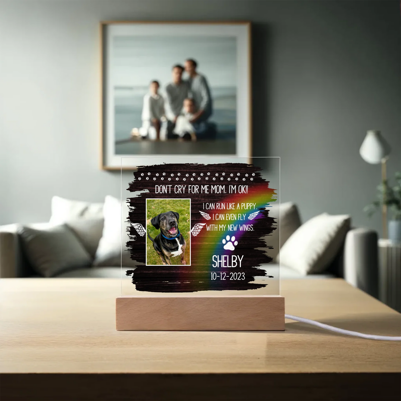 Personalized Rainbow Bridge Acrylic Memorial Plaque featuring a photo of a dog, vibrant rainbow design, angel wings, heartfelt text, and LED wooden base