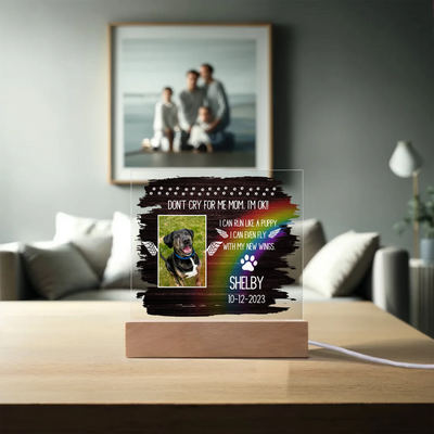 Personalized Rainbow Bridge Acrylic Memorial Plaque featuring a photo of a dog, vibrant rainbow design, angel wings, heartfelt text, and LED wooden base