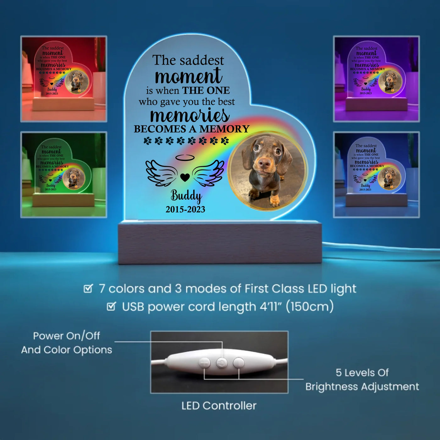 Acrylic Heart LED Features - pet loss gift