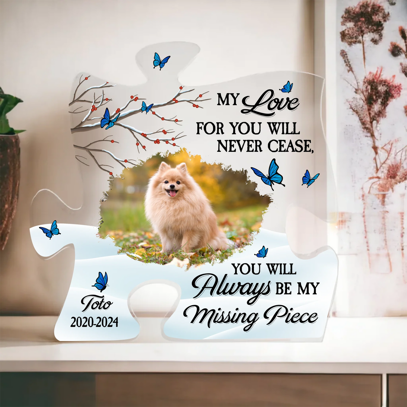 Custom Pet Memorial Puzzle Photo Frame with Light-Catching Acrylic Design and Butterfly Accents