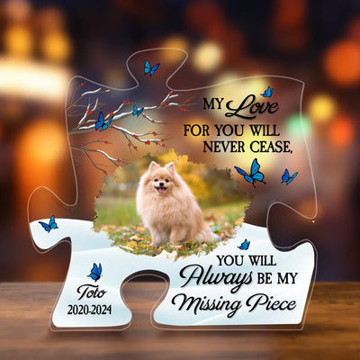 Pet Memorial Puzzle Piece shown in home setting with warm lighting