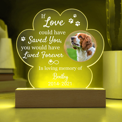 Custom LED light in a paw shape with a pet photo and the phrase "If Love Could Have Saved You," ideal as a heartfelt pet memorial keepsake