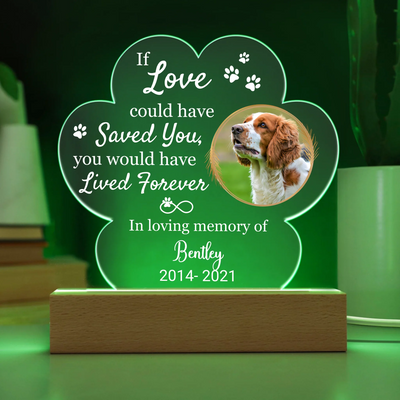 Custom LED light in a paw shape with a pet photo and the phrase "If Love Could Have Saved You," ideal as a heartfelt pet memorial keepsake