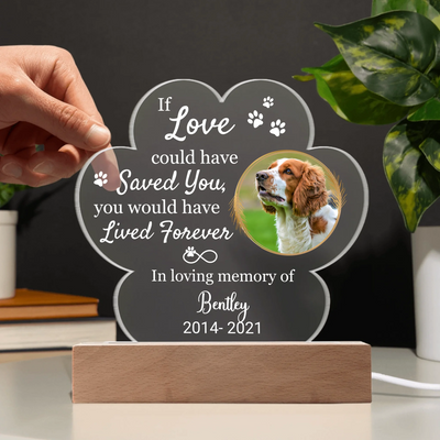 Custom LED light in a paw shape with a pet photo and the phrase "If Love Could Have Saved You," ideal as a heartfelt pet memorial keepsake