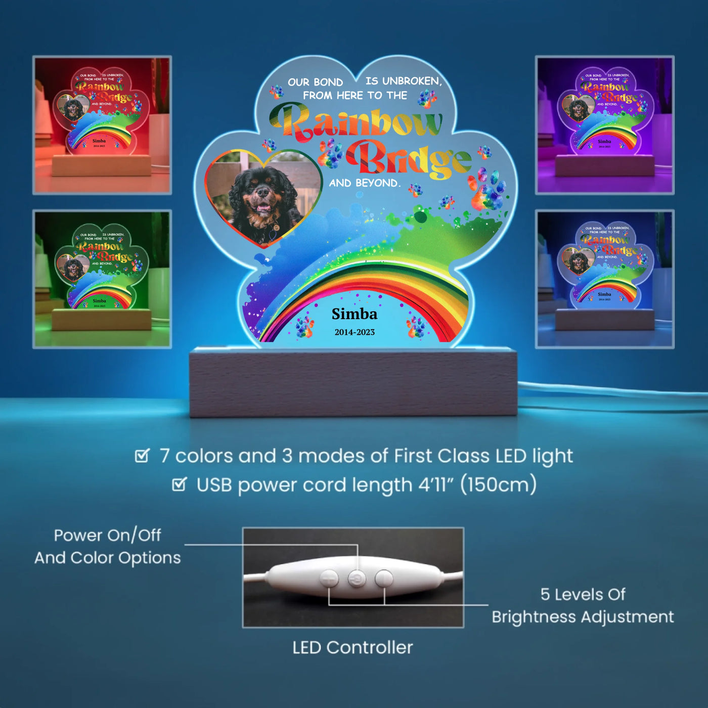 Paw-shaped acrylic LED light featuring a pet photo and the text "Our Bond Is Unbroken from Here to the Rainbow Bridge," perfect as a heartfelt pet memorial