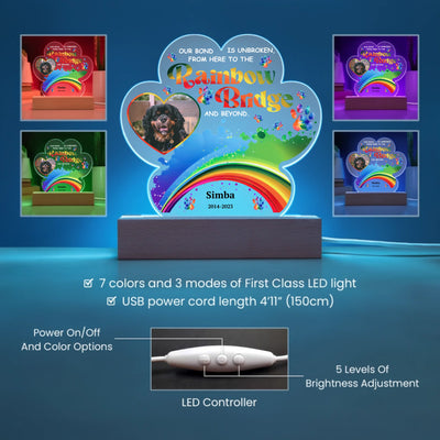 Paw-shaped acrylic LED light featuring a pet photo and the text "Our Bond Is Unbroken from Here to the Rainbow Bridge," perfect as a heartfelt pet memorial