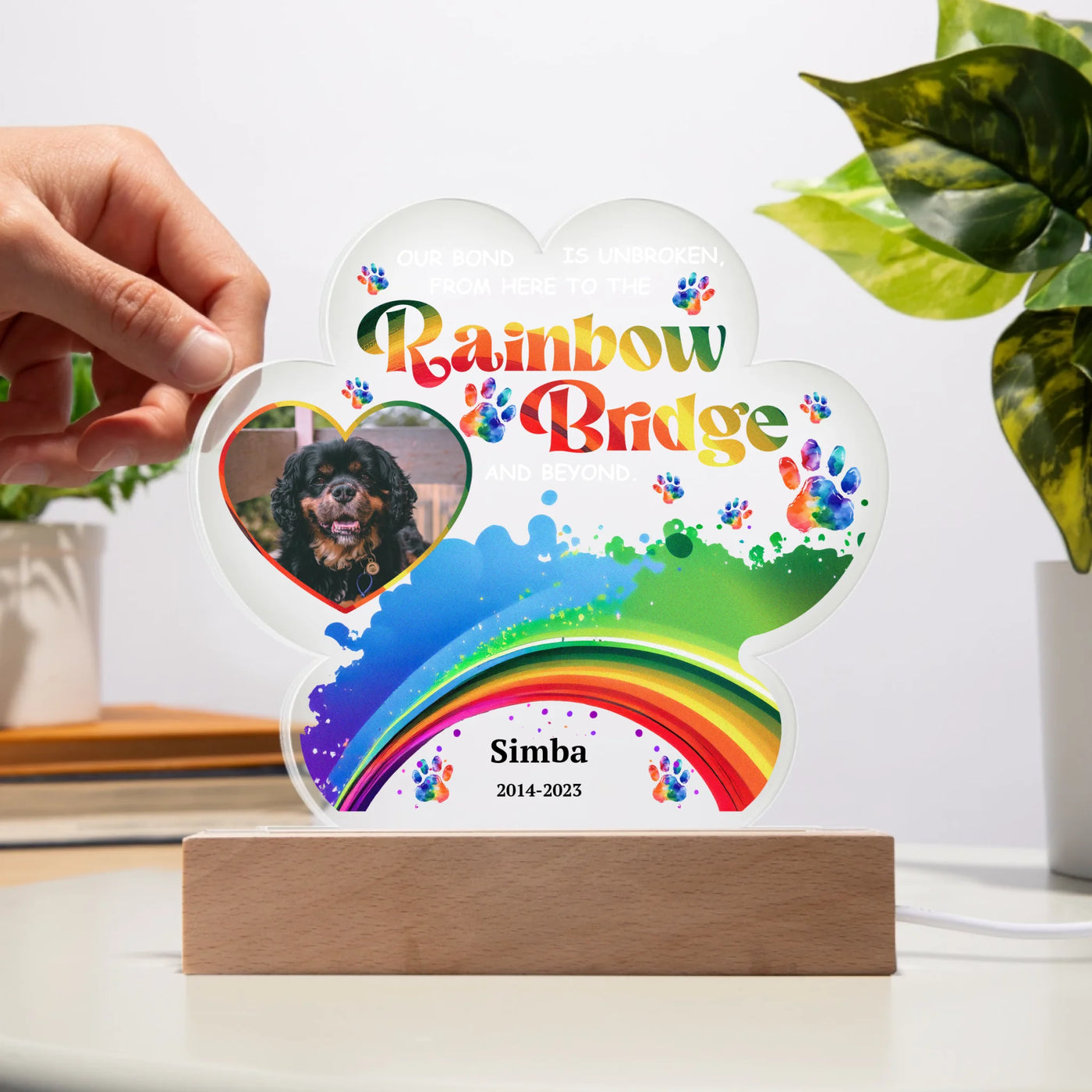 Paw-shaped acrylic LED light featuring a pet photo and the text "Our Bond Is Unbroken from Here to the Rainbow Bridge," perfect as a heartfelt pet memorial