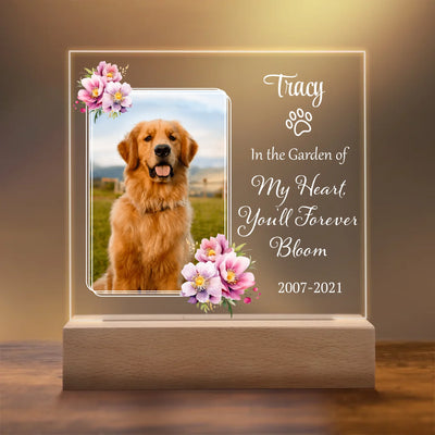 Acrylic square LED light with a custom pet photo and the text "In the Garden of My Heart, You'll Forever Bloom," surrounded by delicate floral accents