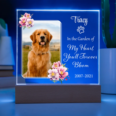 Acrylic square LED light with a custom pet photo and the text "In the Garden of My Heart, You'll Forever Bloom," surrounded by delicate floral accents