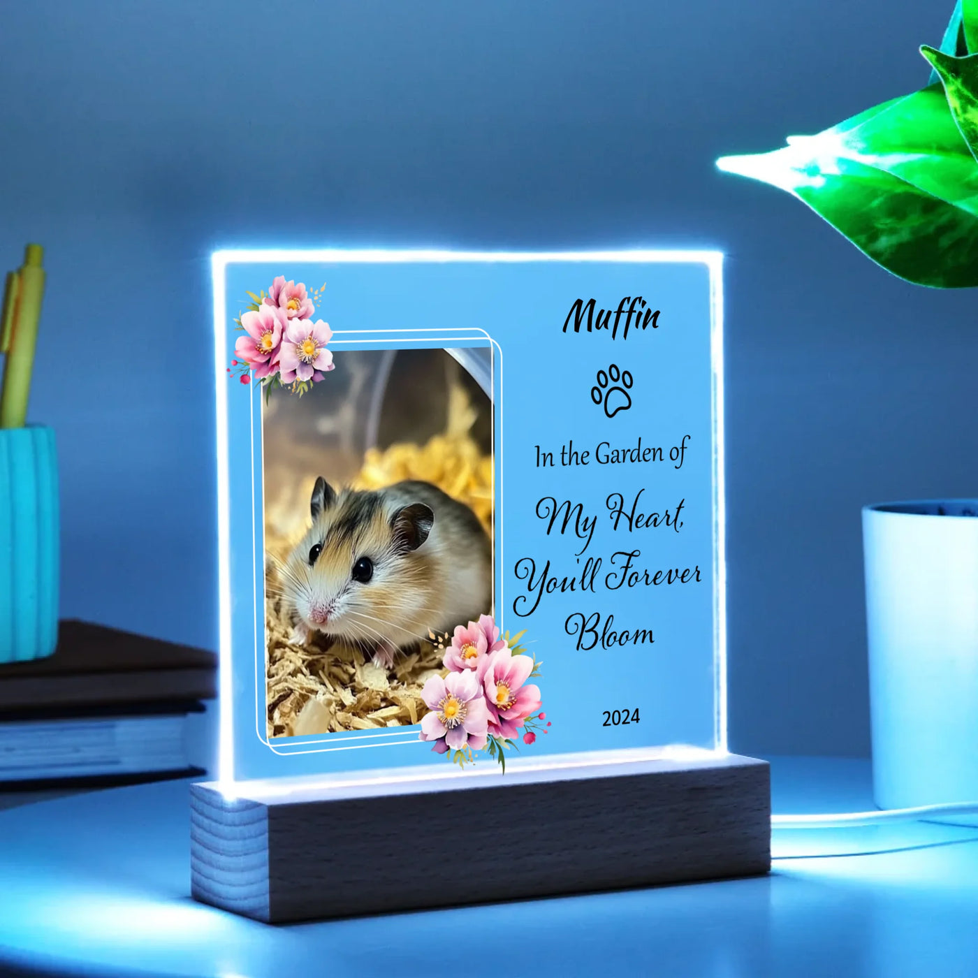 Acrylic square LED light with a custom pet photo and the text "In the Garden of My Heart, You'll Forever Bloom," ideal for memorializing loved ones