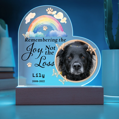 Personalized heart-shaped LED light featuring a photo of a pet, rainbow design, and the words "Remembering the Joy, Not the Loss," perfect for commemorating cherished memories
