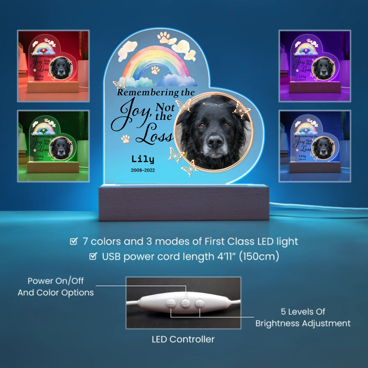 Personalized heart-shaped LED light featuring a photo of a pet, rainbow design, and the words "Remembering the Joy, Not the Loss," perfect for commemorating cherished memories