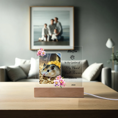 Acrylic square LED light with a custom pet photo and the text "In the Garden of My Heart, You'll Forever Bloom," ideal for memorializing loved ones