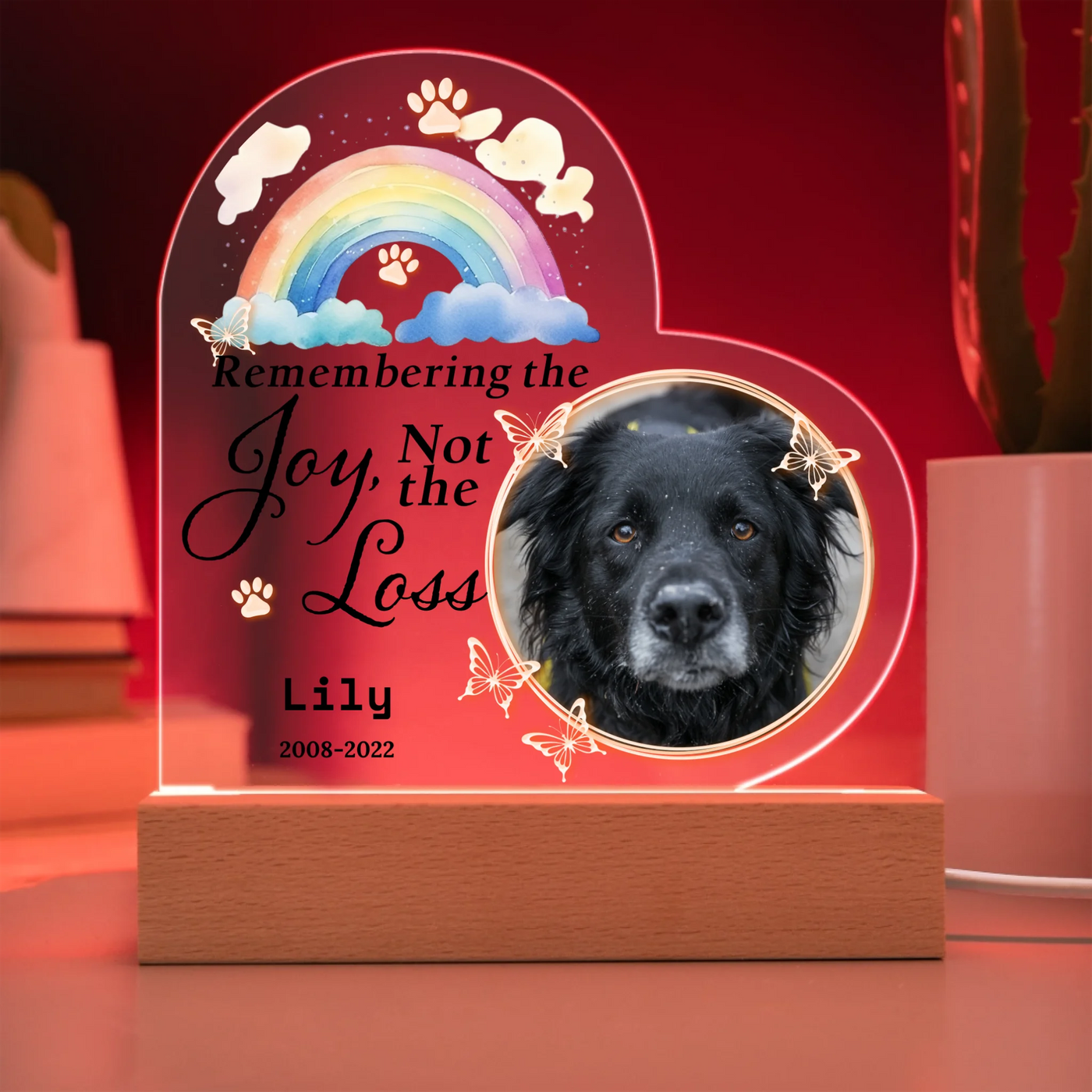 Personalized heart-shaped LED light featuring a photo of a pet, rainbow design, and the words "Remembering the Joy, Not the Loss," perfect for commemorating cherished memories