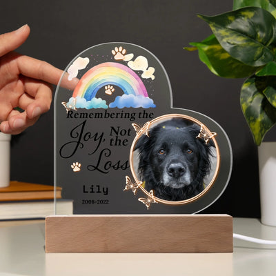 Personalized heart-shaped LED light featuring a photo of a pet, rainbow design, and the words "Remembering the Joy, Not the Loss," perfect for commemorating cherished memories