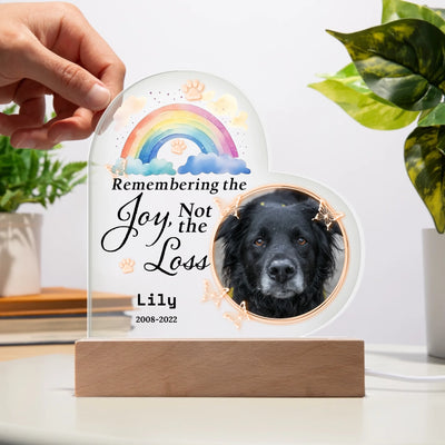 Personalized heart-shaped LED light featuring a photo of a pet, rainbow design, and the words "Remembering the Joy, Not the Loss," perfect for commemorating cherished memories