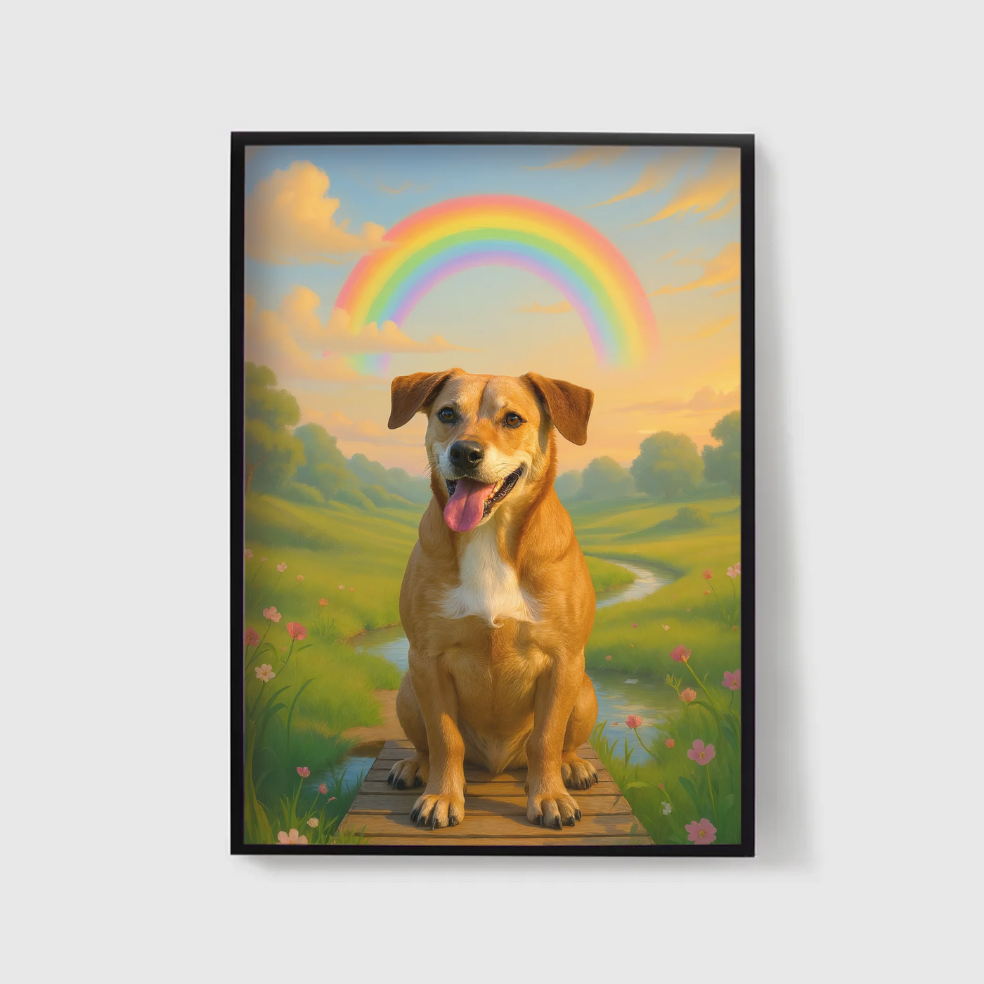 Framed pet loss gift - custom AI artwork with rainbow and pet photo