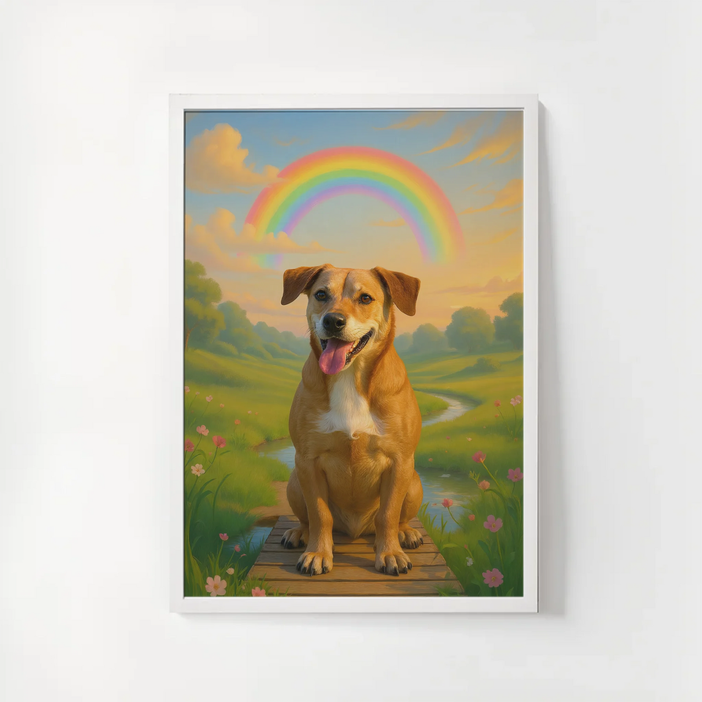 Dog or cat remembrance framed poster - Rainbow Bridge scene