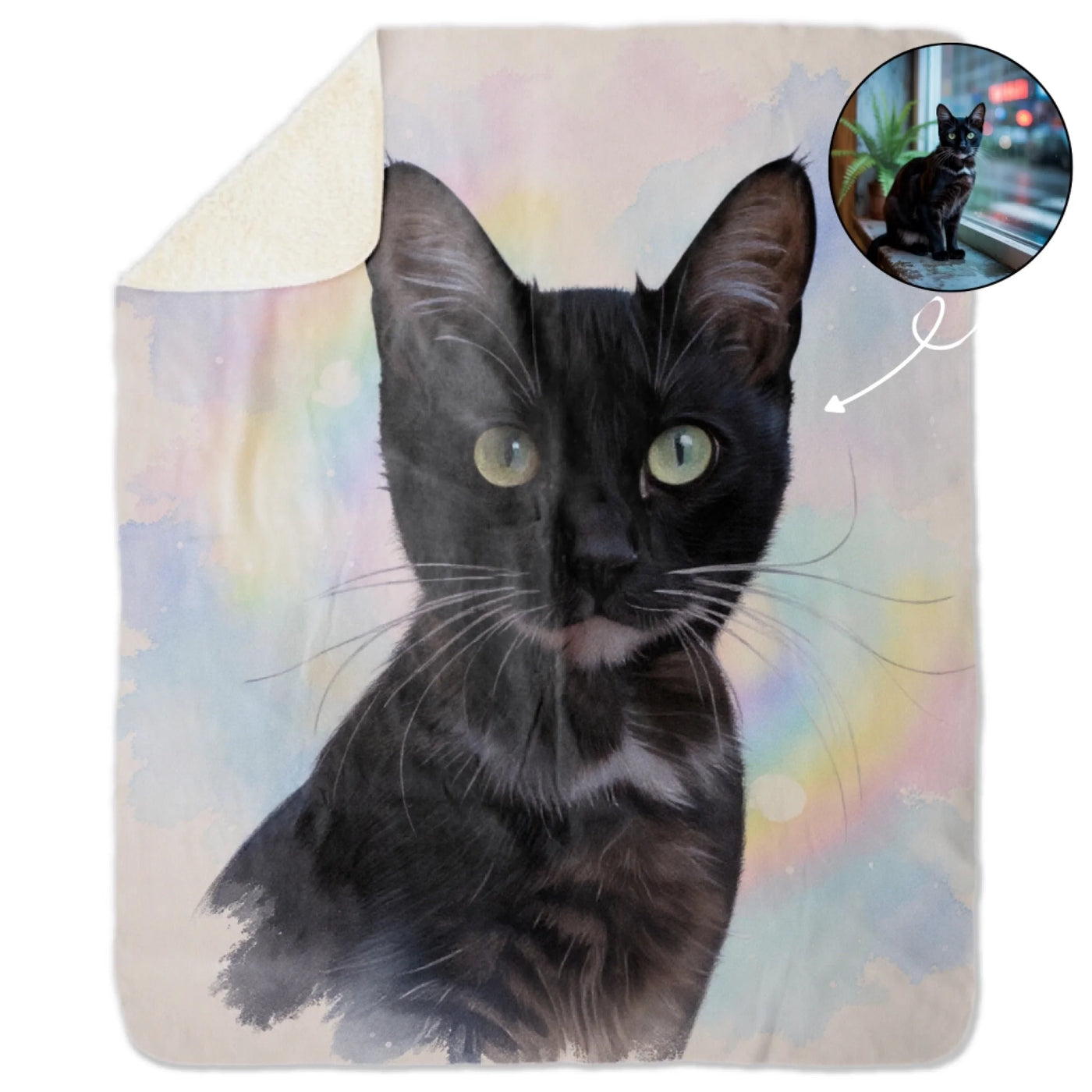 Custom memorial fleece blanket with pastel rainbow background and pet portrait – cozy tribute for any cherished animal.