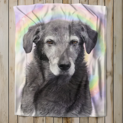 Personalized memorial sherpa blanket with custom pet photo and rainbow bridge design – soft fleece tribute for dog, cat, or any beloved animal.