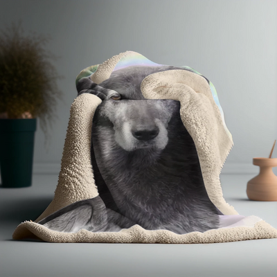 Custom rainbow memorial blanket featuring a pet portrait – sherpa fleece comfort keepsake to honor dogs, cats, or other animals.