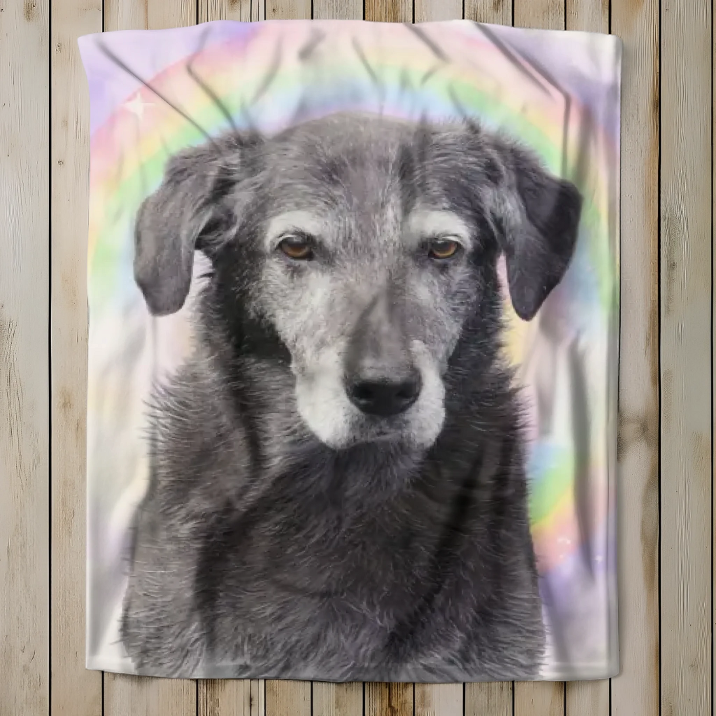 AI-generated pet memorial sherpa blanket with rainbow sky – personalized remembrance gift for grieving pet parents.