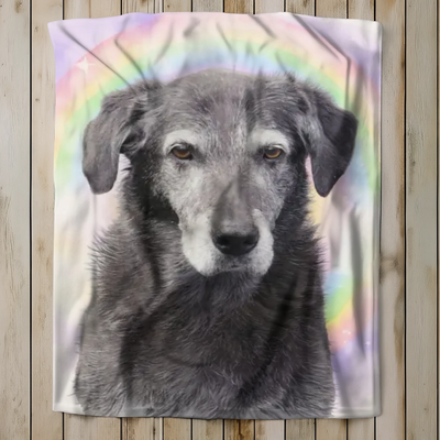 AI-generated pet memorial sherpa blanket with rainbow sky – personalized remembrance gift for grieving pet parents.
