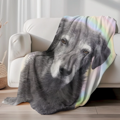 Custom rainbow memorial blanket featuring a pet portrait – velveteen fleece comfort keepsake to honor dogs, cats, or other animals.