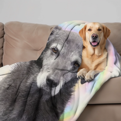 Personalized memorial sherpa blanket with custom pet photo and rainbow bridge design – soft fleece tribute for dog, cat, or any beloved animal.