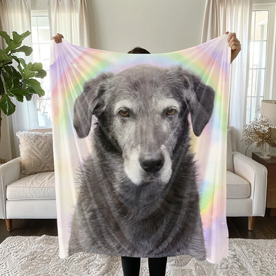 AI-generated pet memorial sherpa blanket with rainbow sky – personalized remembrance gift for grieving pet parents.